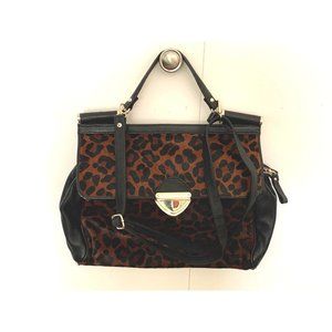 Aqua Madonna Satchel Handbag Caramel Leopard Print Brass Black Real Soft Leather